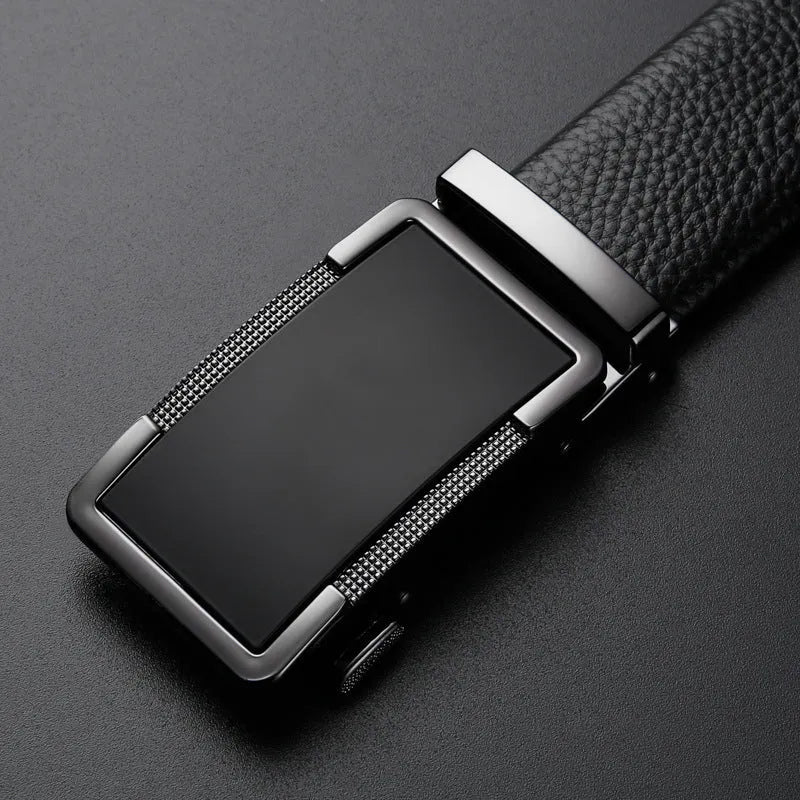 Men's leather belt with automatic alloy buckle in gold, gun black, or silver colour