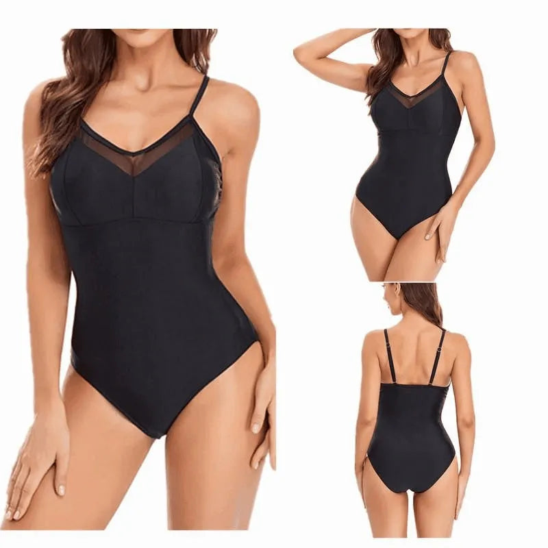 Ladies solid colour mesh one-piece swimsuit with a backless design.