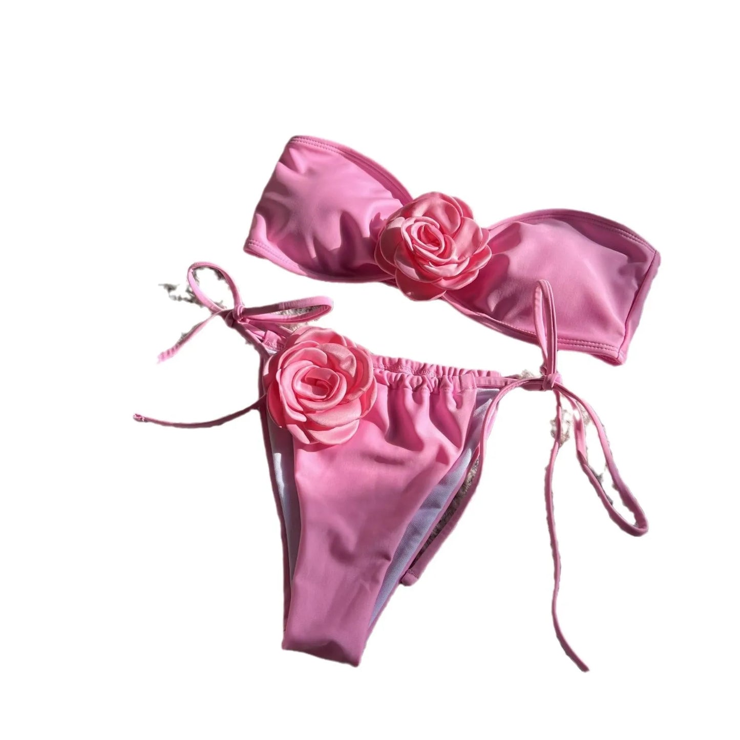 Women's adjustable drawstring tube top swimsuit with high-cut briefs in a solid colour.
