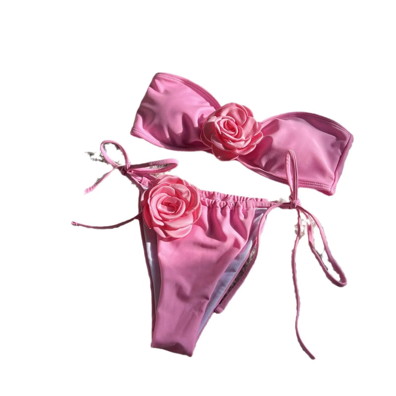 Women's swimsuit tube top with drawstring straps and high-split briefs in solid colours including milky white, black, and rose red, constructed from polyester fabric and available in sizes S, M, and L for beach or pool wear.