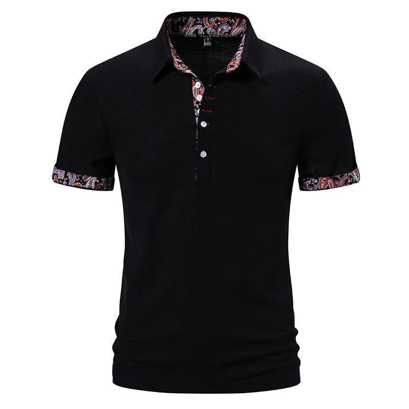 Men's polo shirt in cotton blend fabric with colour stitching at neck, available in white, black, or navy blue with European sizing