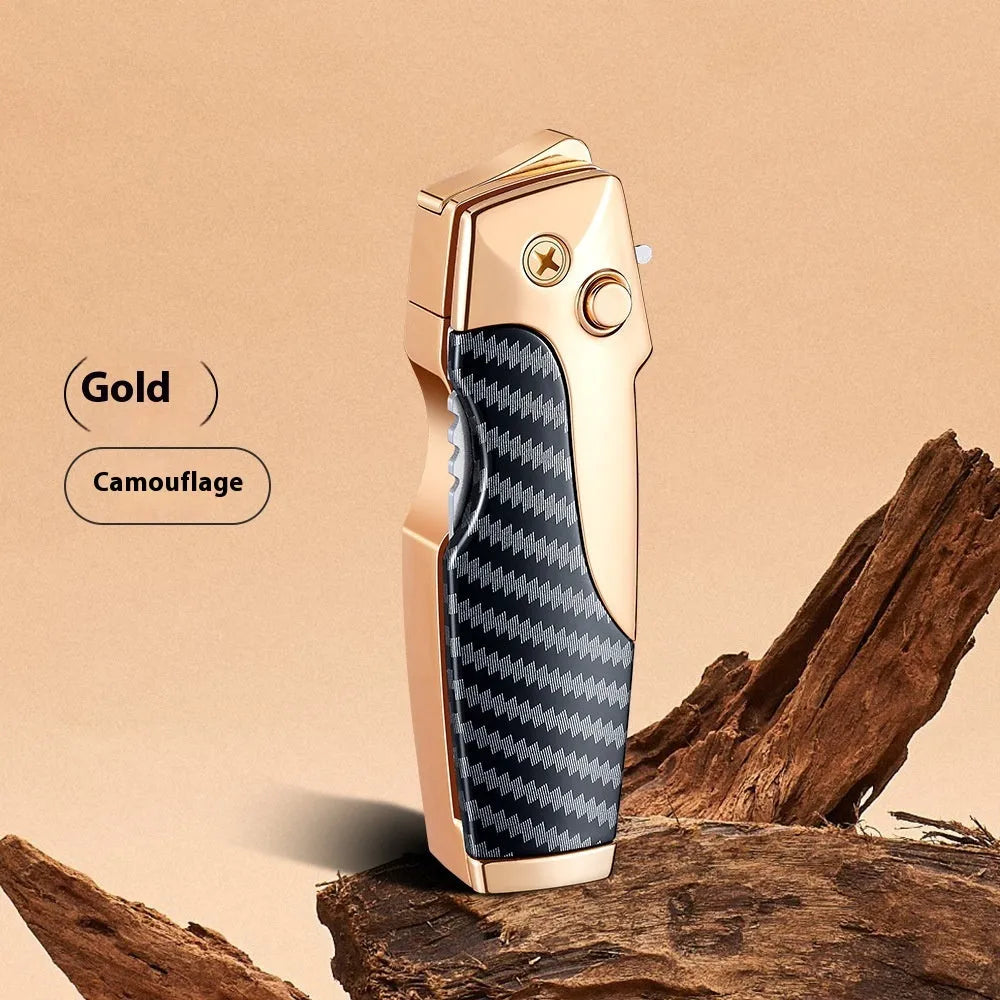 Metal folding lighter with integrated knife showing zinc alloy construction and safety lock mechanism