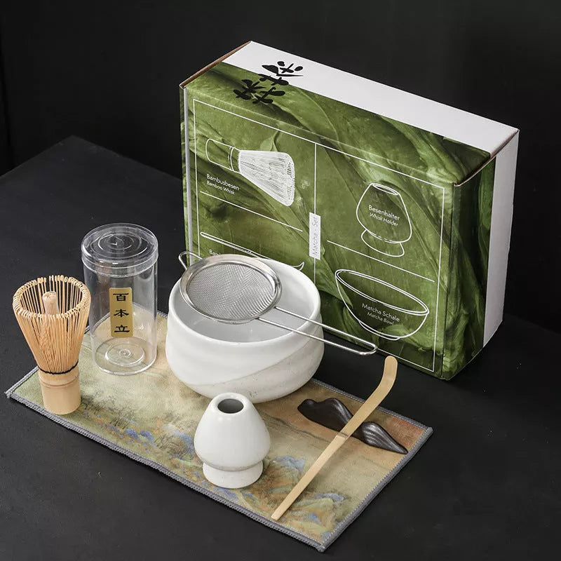 Japanese Matcha Tea Set with ceramic bowl and brush in clear glaze