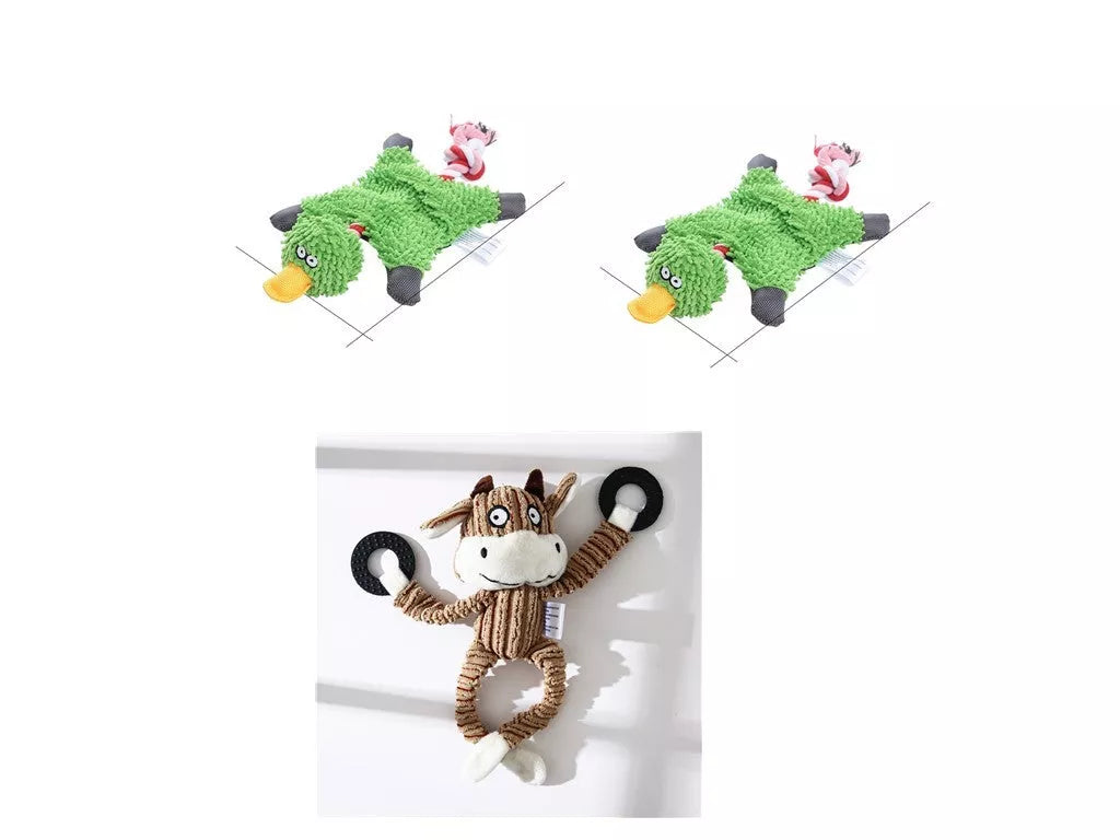 Donkey-shaped corduroy chew toy for dogs with squeaker, available in white, brown, and gray