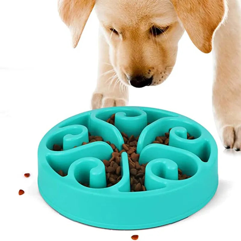 Slow feeder dog bowl with maze pattern and non-slip base in assorted colours