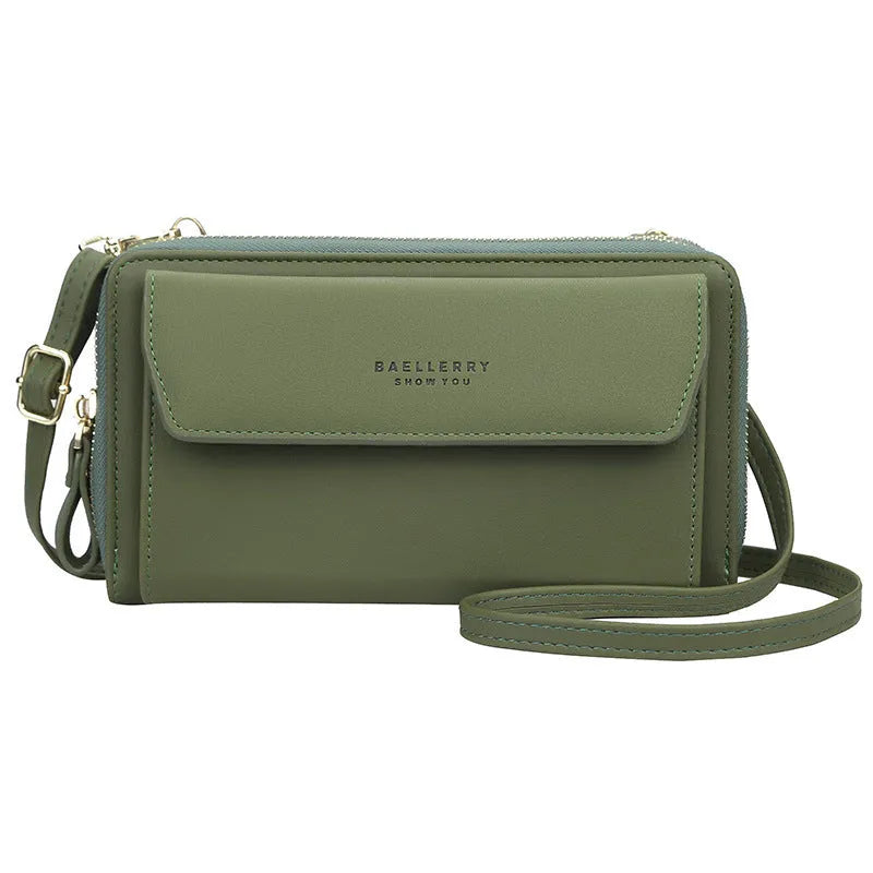 Ladies long wallet double zipper messenger bag in soft PU leather, shown in available colours
