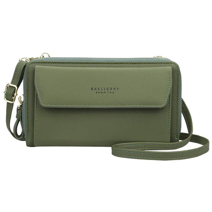 Ladies long wallet double zipper messenger bag in soft PU leather, shown in available colours