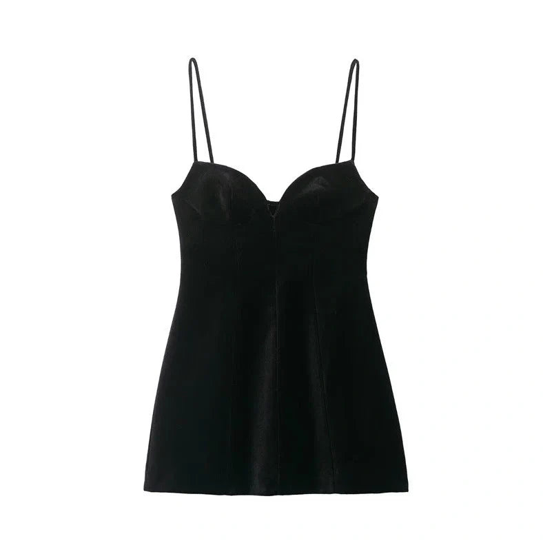 Black women's hooded dress with flared irregular hem, thin straps, and shirring detail on mercerised cotton knitted fabric