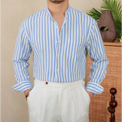 Blue and white seersucker stripe long sleeve shirt with a loose lapel baseball collar