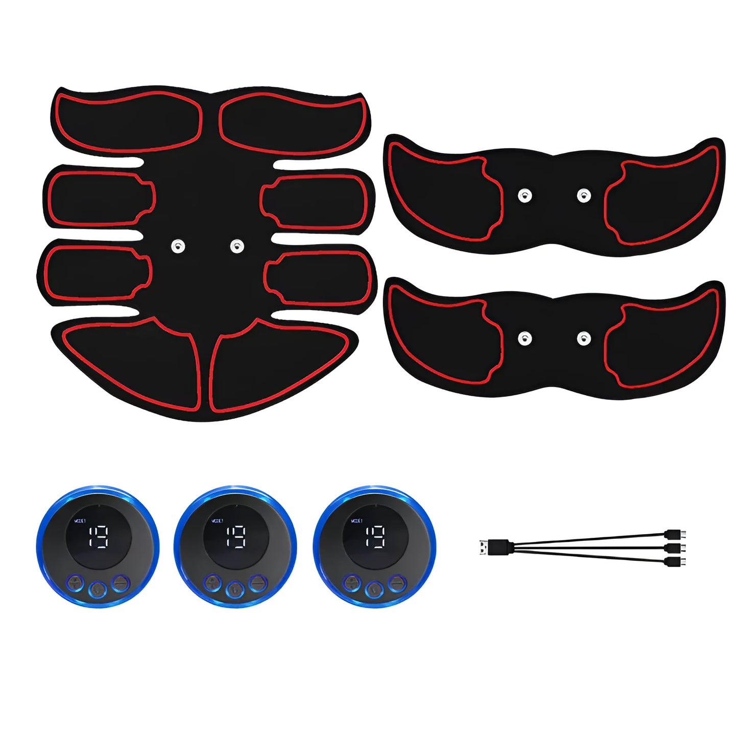 Digital display abdominal muscle patch with six massage pads and charging base in red, blue, and yellow edge options