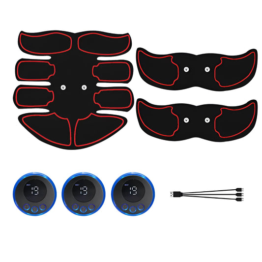 Digital display abdominal muscle patch with six massage pads and charging base in red, blue, and yellow edge options