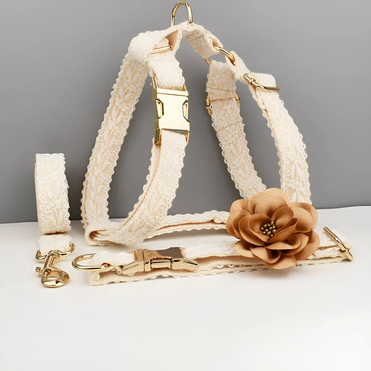 White lace dog vest and matching collar with floral decoration for wedding or special occasion.