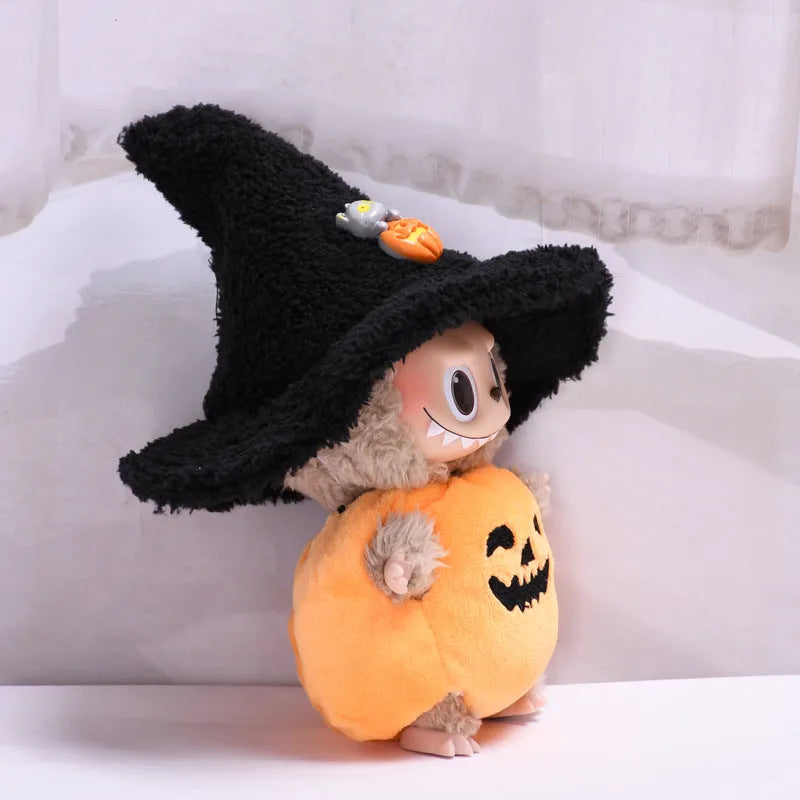 Halloween pumpkin doll clothes with black hat, plush two-piece set, shown as doll clothing and car or curtain decoration.