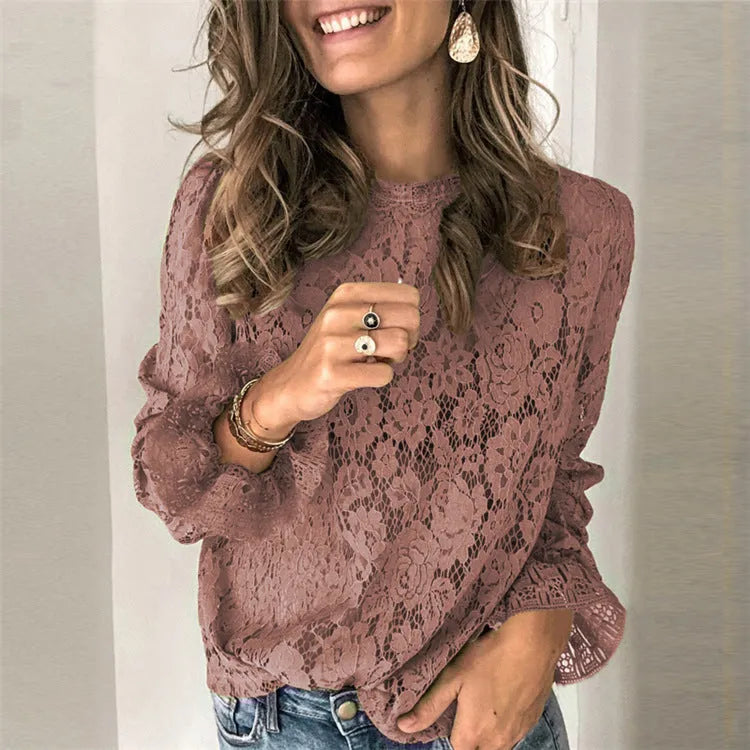 Women's hollow lace shirt with zipper detail and perspective stitching in loose medium length fit