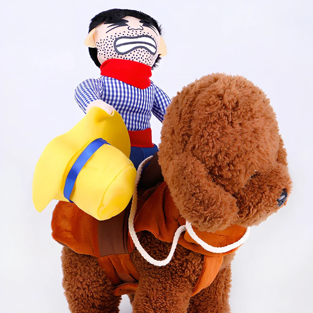 Pet wearing cartoon cowboy costume with knight-style design and matching hat, showing multiple colour options
