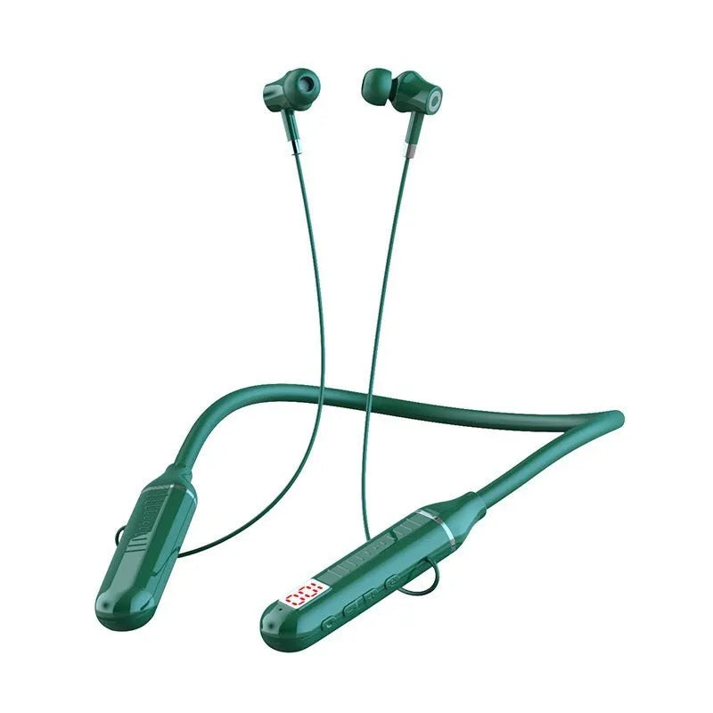 Wireless Bluetooth sports neckband headphones with power display in black, red, purple, or green