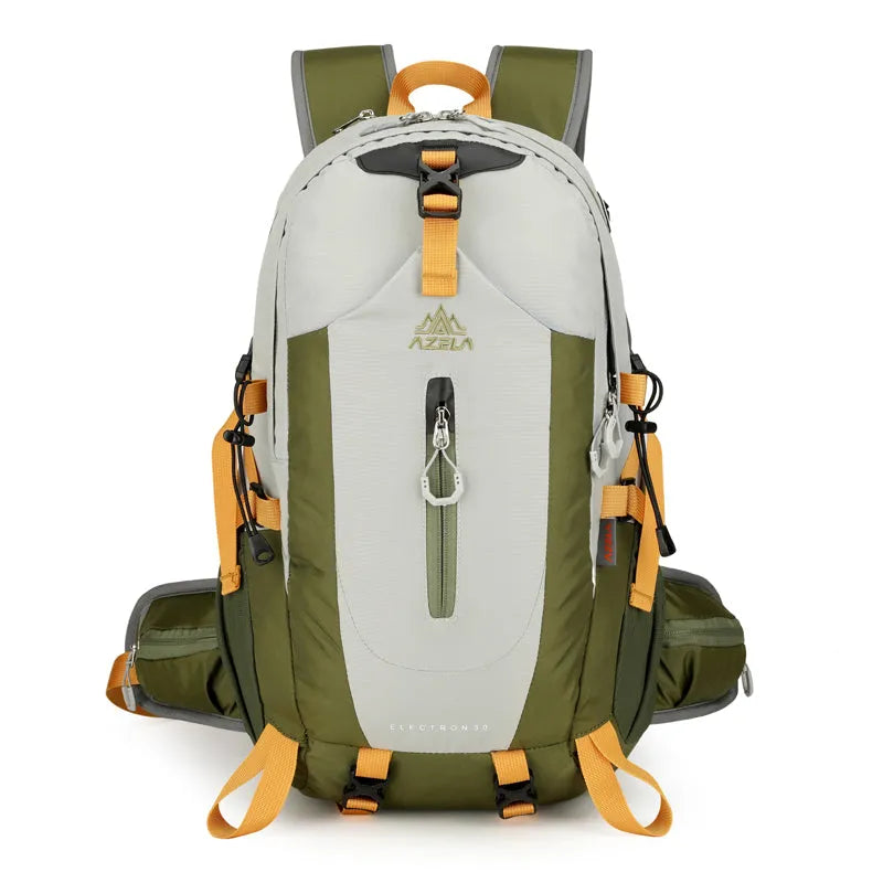 AZELA Electron 40L hiking backpack in white and navy with multiple compartments and adjustable straps