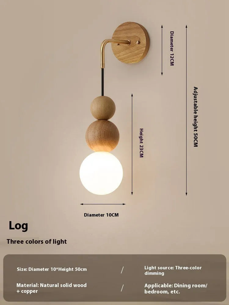 Cylindrical wood and copper wall lamp with tricolour light, 50cm tall.