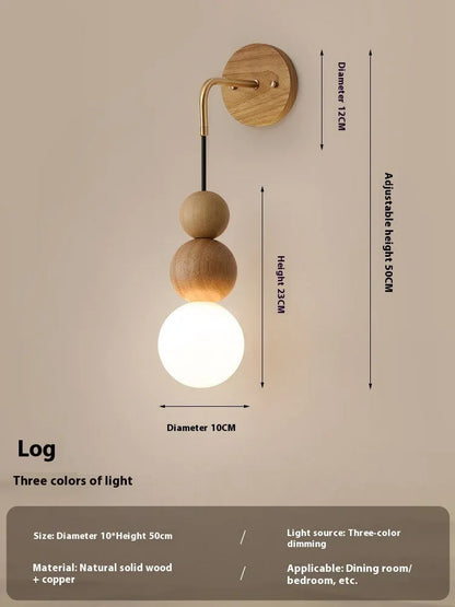 Cylindrical wood and copper wall lamp with tricolour light, 50cm tall.