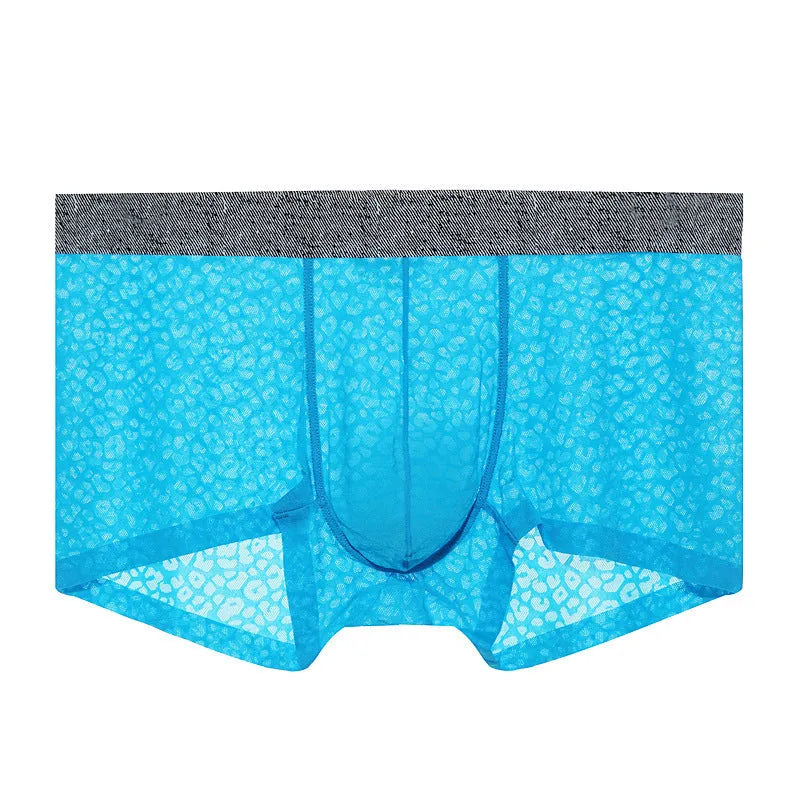 Men's seamless boxer briefs in lace fabric with low-waist design, available in multiple colours including white, purple, black, orange pink, fruit green, and blue lake, suitable for adult men in sizes S, M, L, XL, and XXL