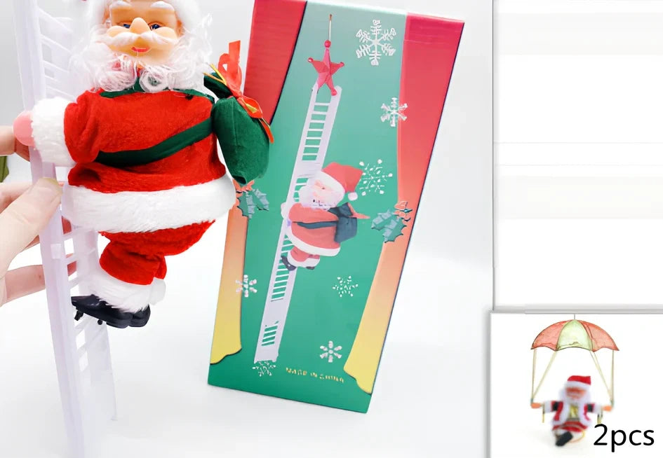 Electric plastic Santa Claus on 30cm climbing ladder with riding deer, in red suit, for Christmas decorations