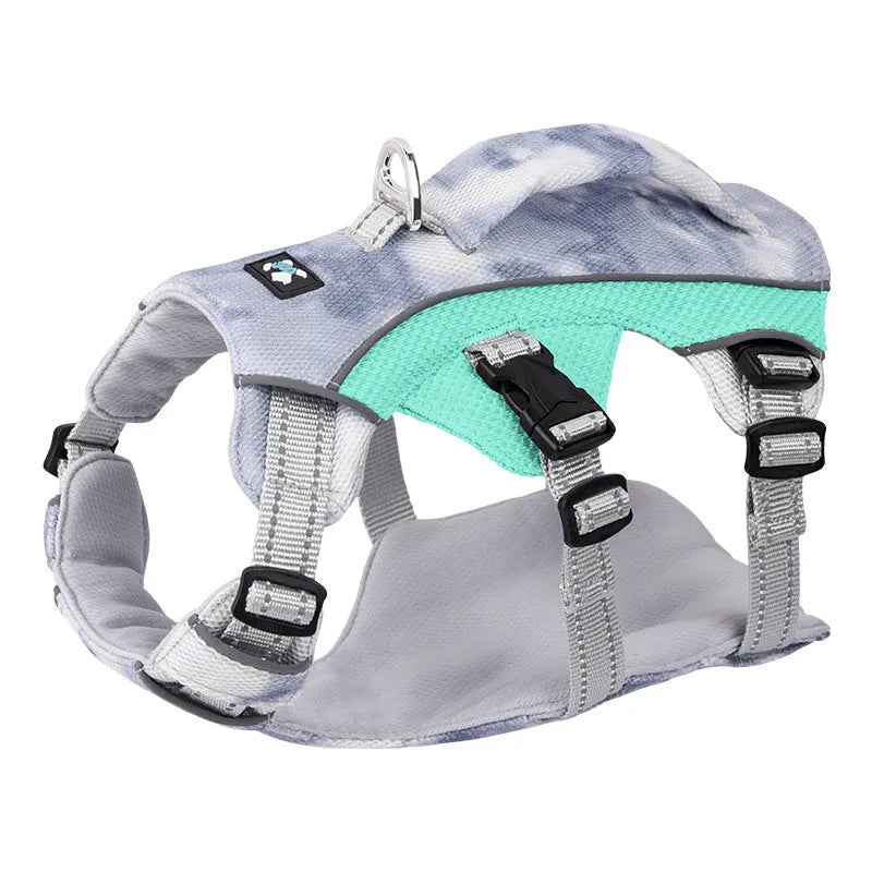 Reflective pet cooling chest strap in light blue, adjustable for dogs, with reflective strips for safety.
