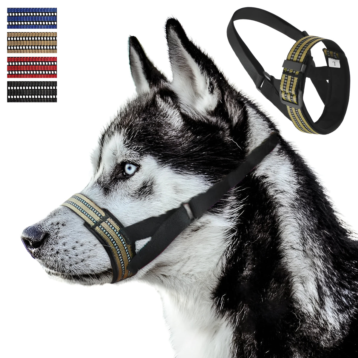 Adjustable black basket dog muzzle with reflective strips on a medium-sized dog