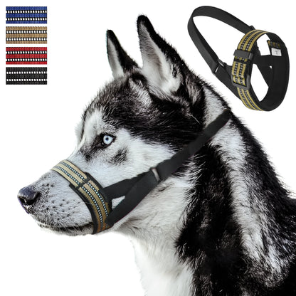 Adjustable black basket dog muzzle with reflective strips on a medium-sized dog