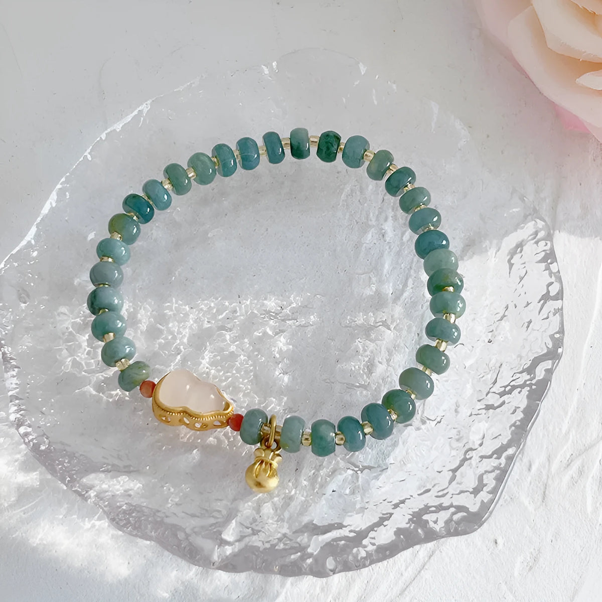 Blue Hetian jade gourd peace buckle bracelet with strawberry quartz beads and adjustable length
