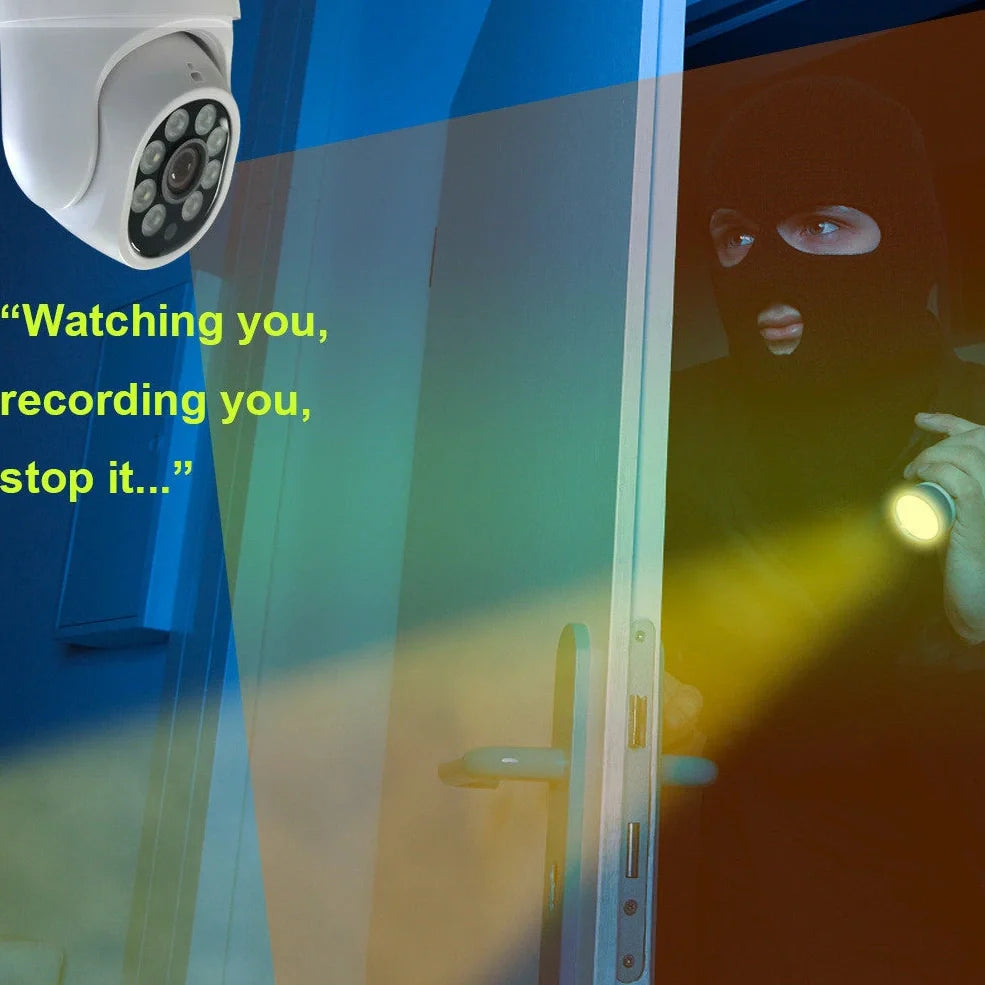 White wireless WIFI security camera with pan-tilt base showing 1080P HD resolution and 0.1 lux low-light capability