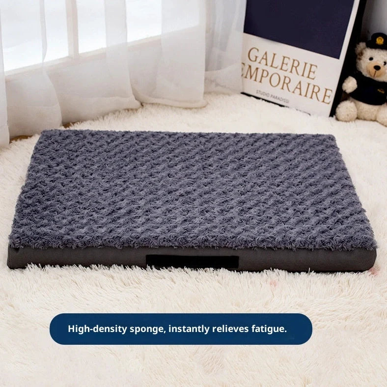 Dark grey dog mat with embossed velvet texture showing size comparison from 50×40cm to 120×75cm