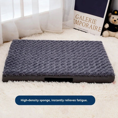 Dark grey dog mat with embossed velvet texture showing size comparison from 50×40cm to 120×75cm