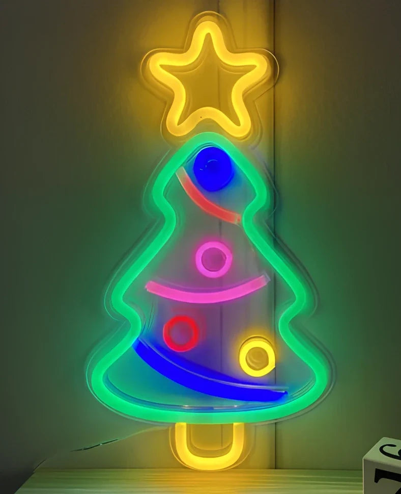 LED neon decorative light with acrylic back panel showing USB power connection and multiple design options