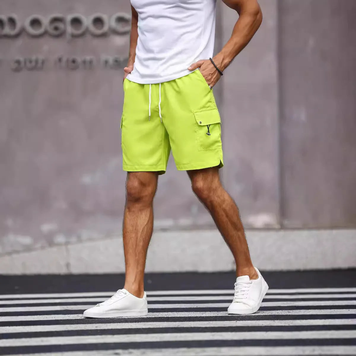 Men's loose straight leg workwear shorts in army green and fluorescent green colour options