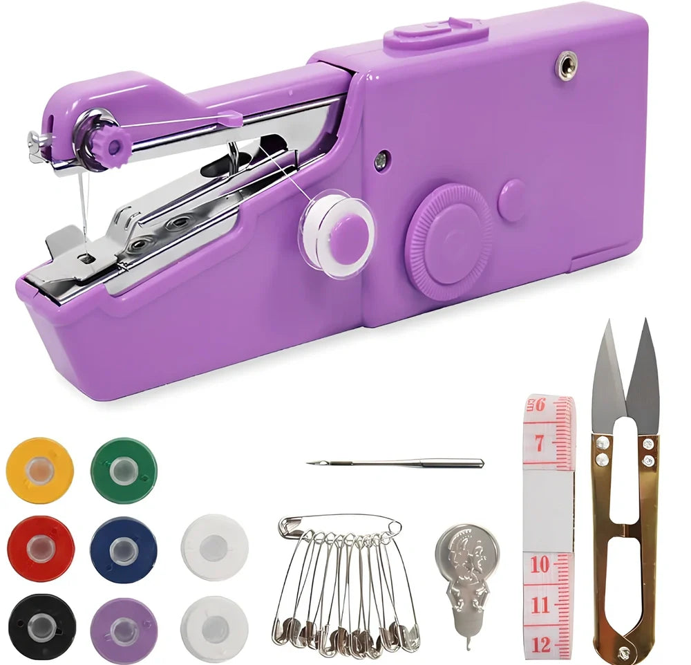 Black handheld electric sewing machine with ruler, scissors, and thread coils on white background