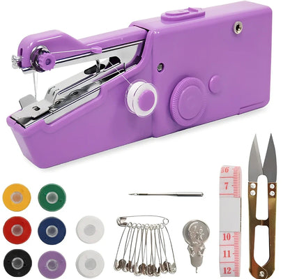 Black handheld electric sewing machine with ruler, scissors, and thread coils on white background