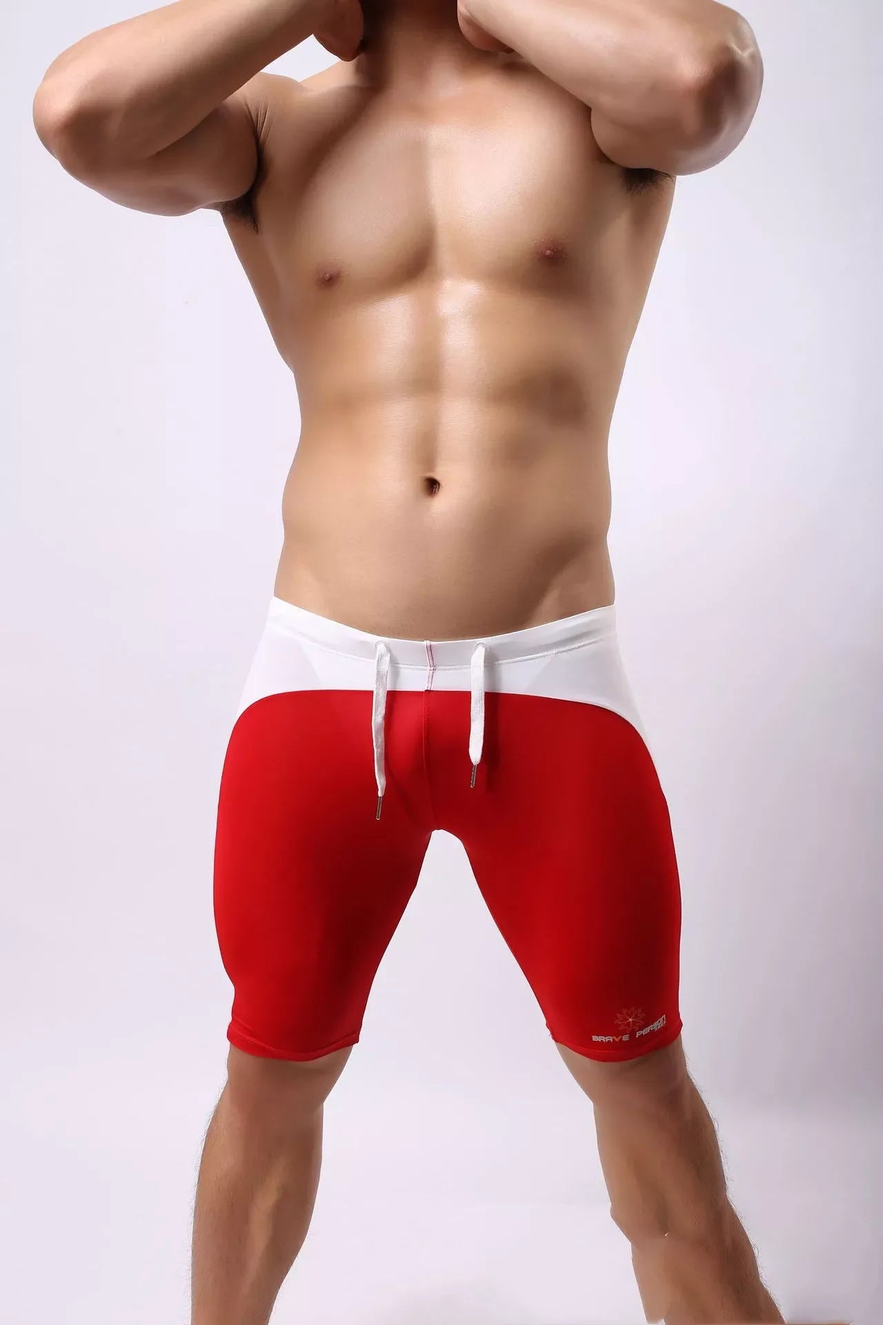 Brave Person Men's Nylon Swimming Trunks in red, black, green, and blue