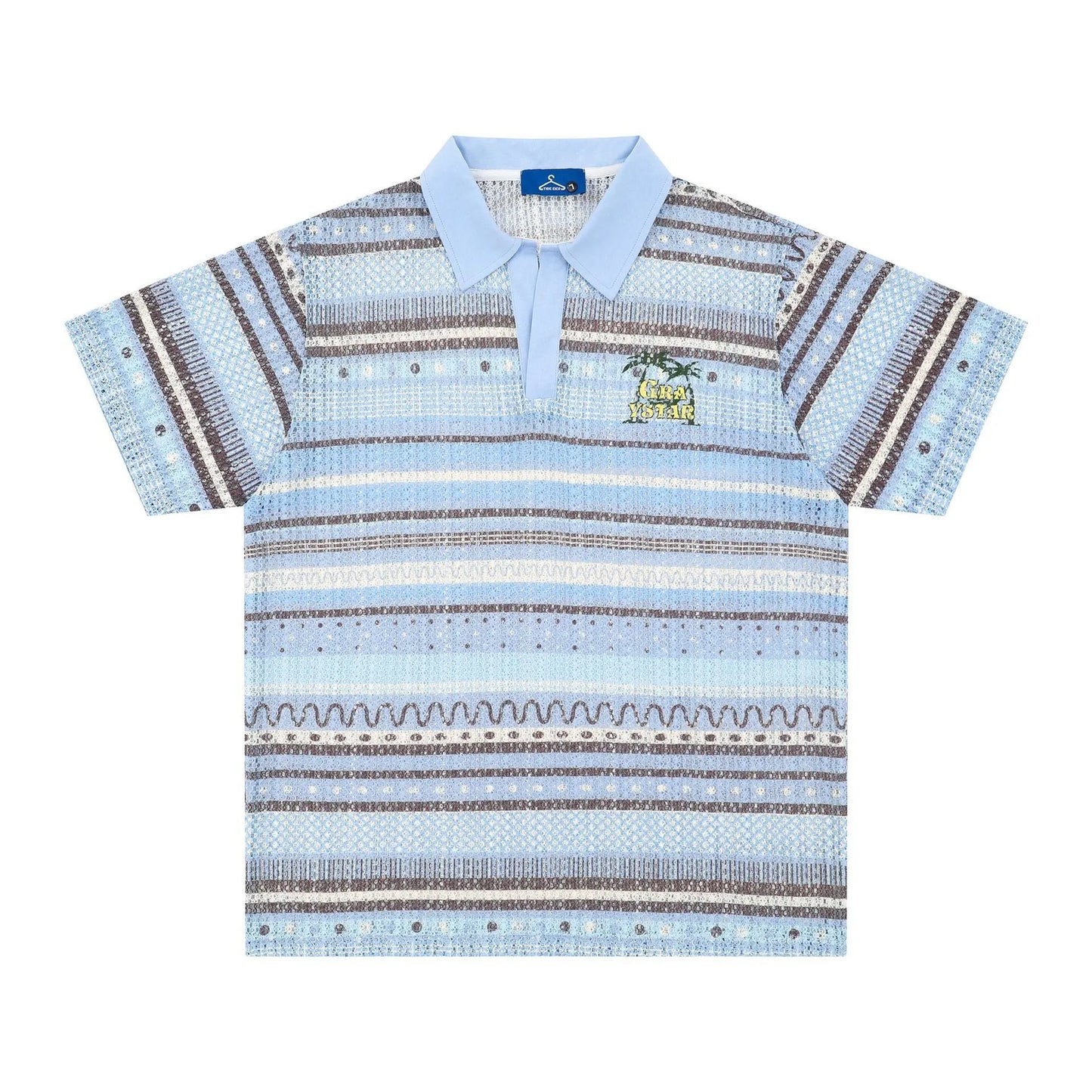 Men's blue and yellow printed short sleeve shirt with elastic polyester fabric and loose fit design