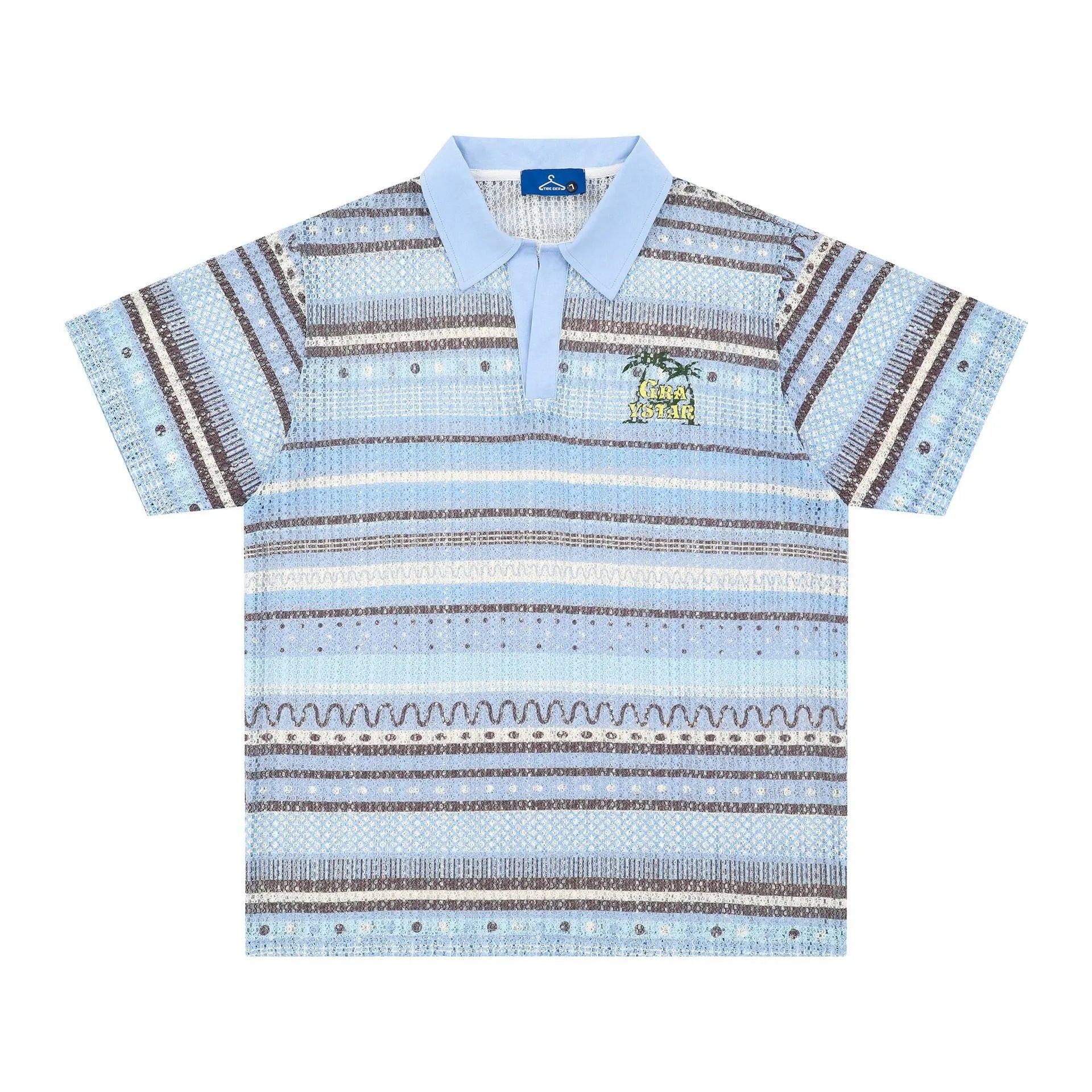 Men's blue and yellow printed short sleeve shirt with elastic polyester fabric and loose fit design