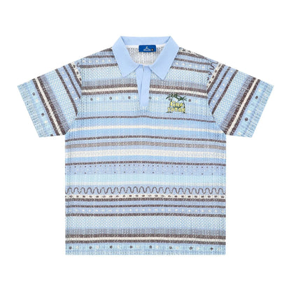 Men's blue and yellow printed short sleeve shirt with elastic polyester fabric and loose fit design