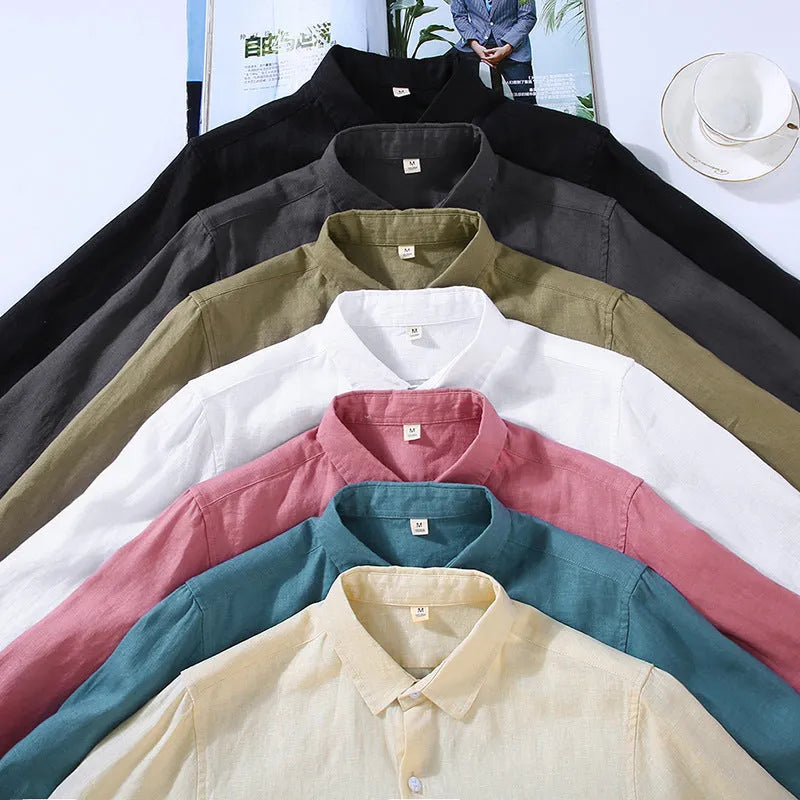 Pure linen men's cardigan shirt in a solid colour with long sleeves.