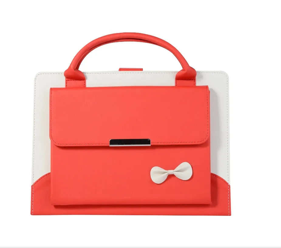 iPad case in black imitation leather with wallet style and bow handbag detail, compatible with iPad Air Pro Mini