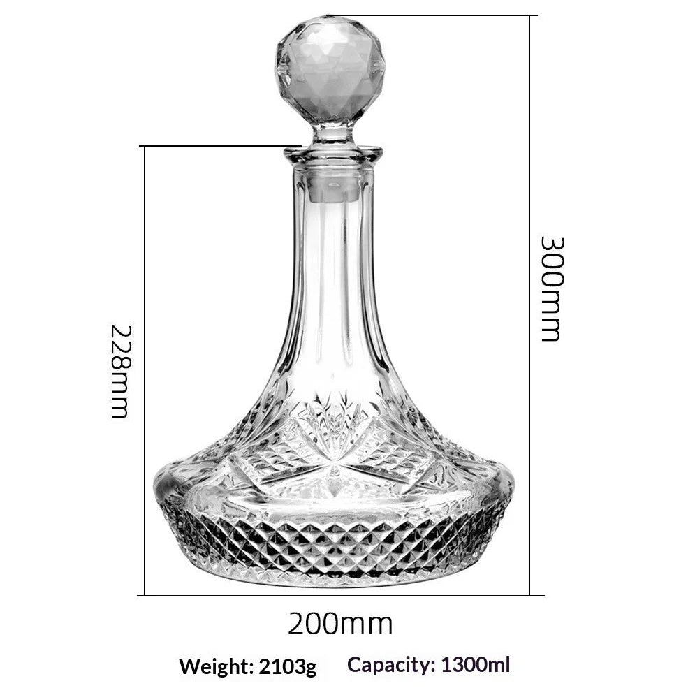 Hand-cut Bohemian crystal whiskey decanter with retro design and tapered pouring neck on wooden bar