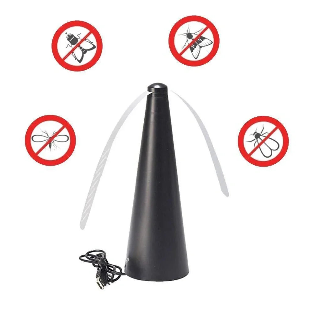 Black fly repellent fan measuring 8.2x8.2x24cm with USB cable for insect protection during meals