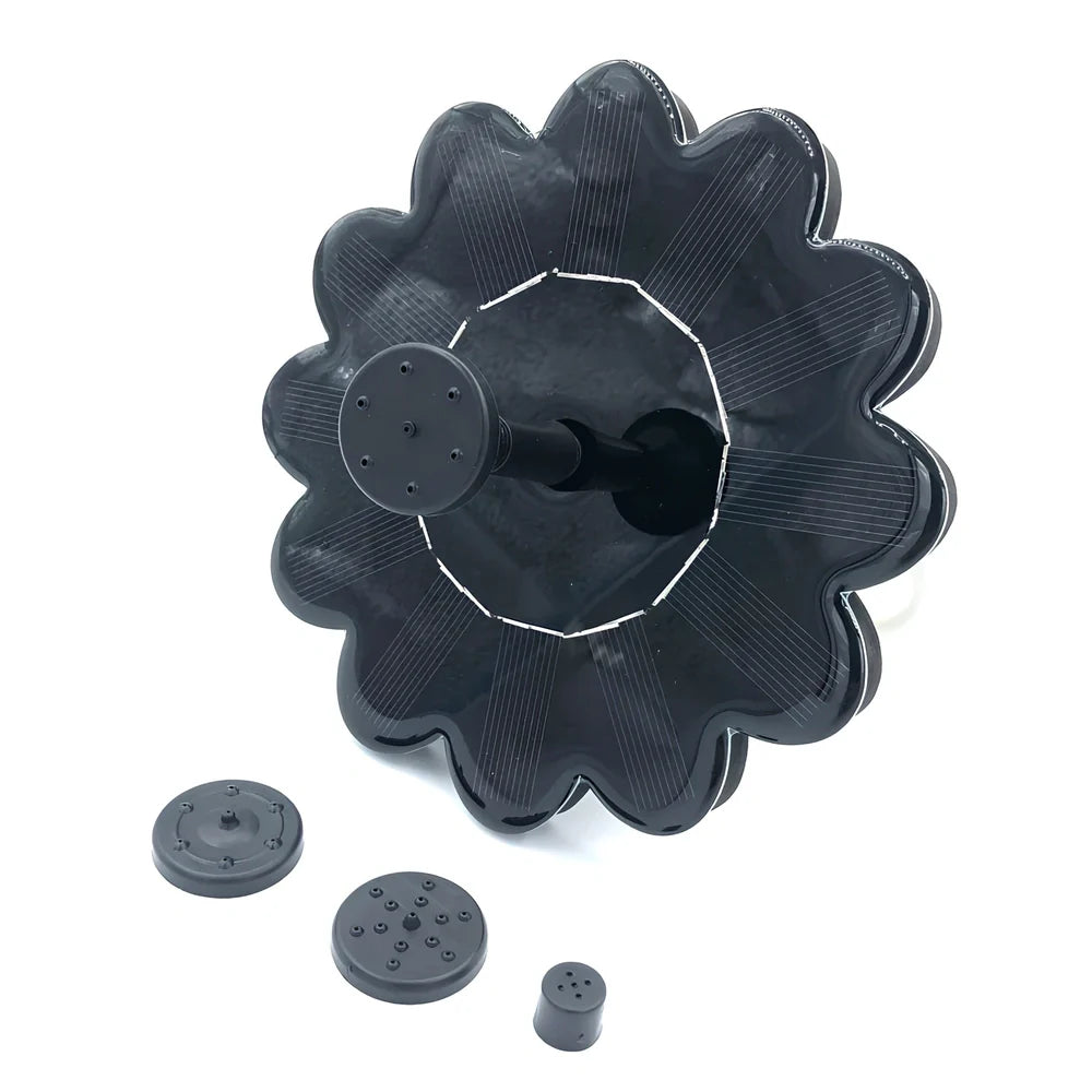 Black solar garden sprinkler with 160mm diameter panel showing adjustable 35-65cm spray height for plant watering