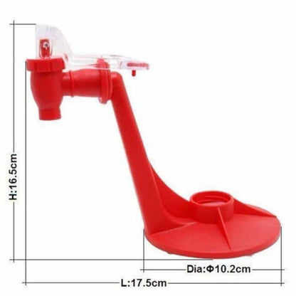 Red plastic soda dispenser attached to inverted 2-litre bottle with push-button mechanism