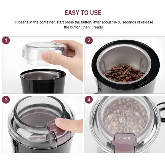 Black mini grinder with stainless steel liner measuring 94mm×68mm×198mm for grinding coffee and spices