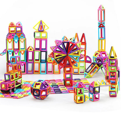 Magnetic building blocks in multiple colours arranged in geometric construction
