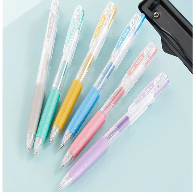 Baiguole 0.5mm gel pen showing examples from its metallic, fluorescent, and tender colour collections.