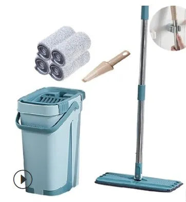 Blue wooden floor lazy mop with bucket, microfibre flat head, aluminium rod, and 360-degree rotation